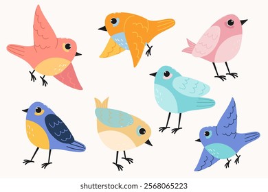 Set with different birds. Isolated hand drawn illustration.