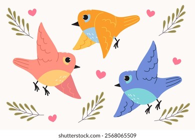 Set with different birds. Isolated hand drawn illustration.