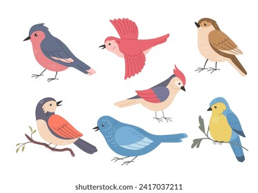 Conjunto de aves diferentes sobre fondo blanco. Ilustración vectorial de dibujos animados.  Pájaros salvajes o de primavera en el jardín. Resplandor, pájaro carpintero, tomtit