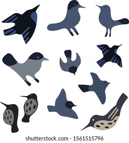 Set Different birds in vector illustration isolated on white background.  Blue colors. Simple shapes, animals, wild life. Childish, cute, design fore kids.