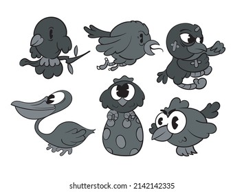 A set of different birds vintage toons: funny character, vector illustration trendy classic retro cartoon style 30s.