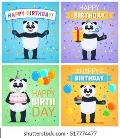 Set of different birthday posters. Birthday greeting card, placard. Cheerful panda holding gift box, present, cake, pie, banner. Flat vector illustration