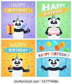 Set of different birthday posters. Birthday greeting card, placard. Cheerful panda holding gift box, present, cake, pie, banner. Flat vector illustration