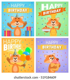 Set of different birthday posters. Birthday greeting card, placard. Cheerful cartoon fox character holding balloons, cake, pie, cupcake. Birthday celebration. Flat vector illustration