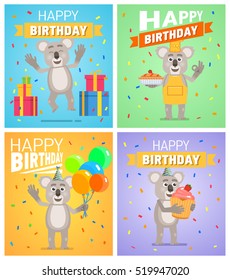 Set of different birthday posters. Birthday greeting card, placard. Cheerful cartoon koala character holding balloons, cake, pie, cupcake. Birthday celebration. Flat vector illustration