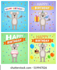 Set of different birthday posters. Birthday greeting card, placard. Cheerful cartoon koala character holding gift box, present, cake, pie, banner. Birthday celebration. Flat vector illustration