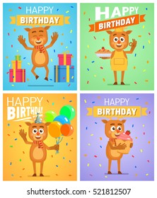Set of different birthday posters. Birthday greeting card, placard. Cheerful reindeer holding balloons, cake, pie, cupcake. Birthday celebration. Flat vector illustration