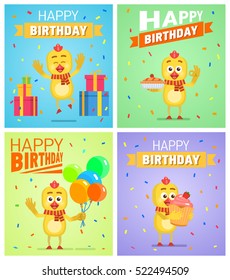 Set of different birthday posters. Birthday greeting card, placard. Cheerful chicken holding balloons, cake, pie, cupcake. Birthday celebration. Flat vector illustration