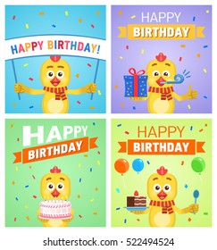 Set of different birthday posters. Birthday greeting card, placard. Cheerful chicken holding gift box, present, cake, pie, banner. Birthday celebration. Flat vector illustration