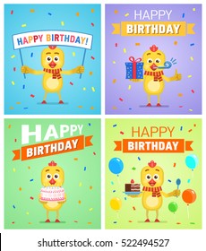 Set of different birthday posters. Birthday greeting card, placard. Cheerful chicken holding gift box, present, cake, pie, banner. Birthday celebration. Flat vector illustration