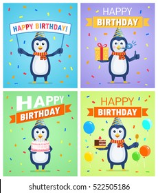 Set of different birthday posters. Birthday greeting card, placard. Cheerful penguin holding gift box, present, cake, pie, banner. Birthday celebration. Flat vector illustration