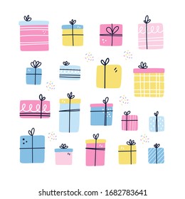 Set Of Different Birthday Presents. Isolates Wrapped Boxes. Bday Card Template. Hand Drawn Vector Illustration