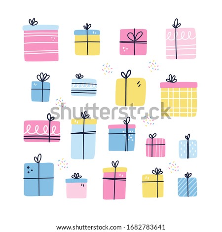 Set of different birthday presents. Isolates wrapped boxes. Bday card template. Hand drawn vector illustration