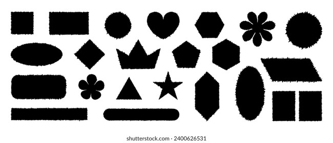 Set of different black abstract shapes with jagged edges. Grunge heart, star, flower, square, rectangle, circle, oval notes, stickers. Vector