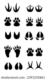 Set of different black animals and bird footprint. Silhouette imprint collection. Vector flat illustration isolated on white background.