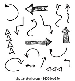 Set of different black arrows hand drawn, isolated on white background. Vector illustration