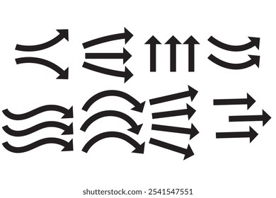Conjunto de diferentes flechas negras que muestran el flujo de aire. Iconos del vector para el diseño y las aplicaciones aislados en el fondo blanco.