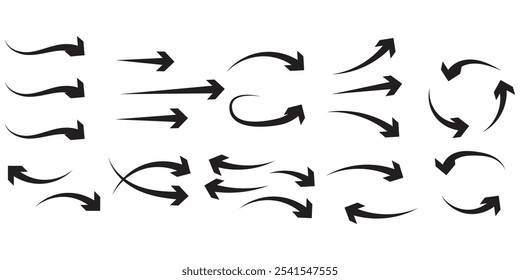 Set of different black arrows showing air flow. Vector icons for design and applications isolated on white background.