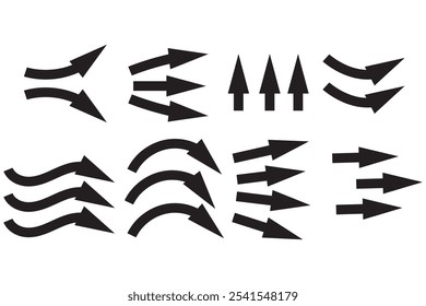 Set of different black arrows showing air flow. Vector icons for design and applications isolated on white background.