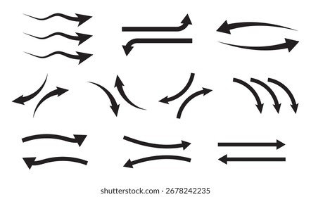 Conjunto de diferentes setas pretas mostrando o fluxo de ar. Ícones vetoriais para design e aplicativos isolados no plano de fundo branco.