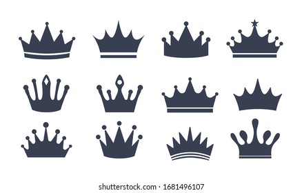 Set of different black beautiful crowns vector illustration. Silhouette symbols flat style. King or queen accessory. Luxury concept. Isolated on white background