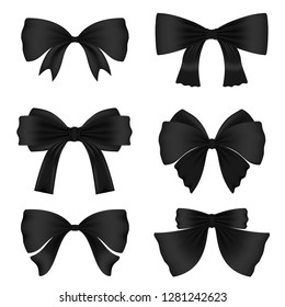 Set of different black bows for decoration. Vector for decorating gifts, banners, flyers, postcards. Isolated on white background.