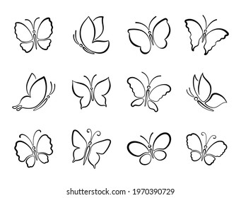 Set of different black butterfly outlines silhouettes for design.