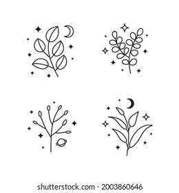 Set of different black celestial leafy branches, herbs, twigs and stars, crescent moon, planet around isolated on white background. Boho botanical illustration.