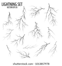 Set of different black cracks isolated on white background. Set of simple lightning srike bolts. Vector illustration for your graphic design.