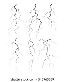 Set of different black cracks isolated on white background. Set of simple lightning bolts. Vector illustration for your graphic design.