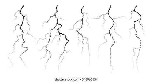 Set of different black cracks isolated on white background. Set of simple lightning bolts. Vector illustration for your graphic design.