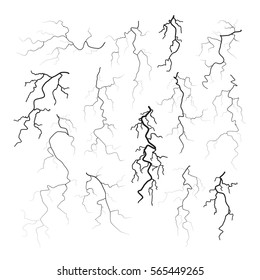 Set of different black cracks isolated on white background. Set of simple lightning bolts. Vector illustration for your graphic design.