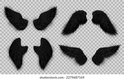 Set of different black devil wings isolated on transparent background. Dark angel outfit, masquerade, carnival costume. Daemon's realistic wings. Three dimensional vector monster or bird wings