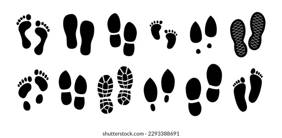 Set of different black foot print. Shoe imprint collection