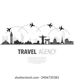 Set of different black and grey world cities sights isolated on white background with airplanes and travel directions