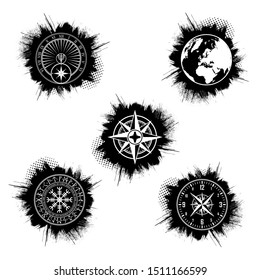 Set of different black grunge elements and white symbols of world map, wind rose, sundial, clock and scandinavian circle