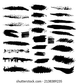 Set of Different Black Hand Drawn Brush Strokes. Isolated on White Background. Grunge Elements Collection. Vector Illustration.