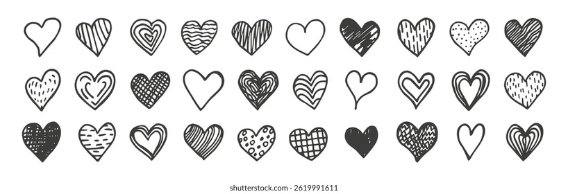 Set of different black hand drawn hearts. Heart sketch symbol icon. Design elements for Valentine's day, invitation, greeting cards, textile, packaging. Vector isolated