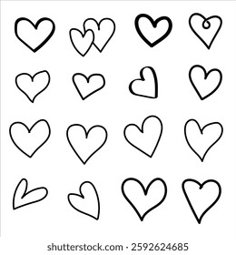 Set of different black hearts icon shapes isolated on white. Thin lines hearts Vector illustration. 