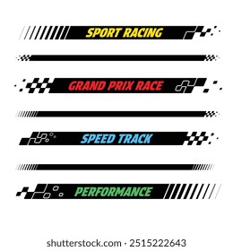 Set of different black horizontal checkered logos for sport car decals and different moto racing designs