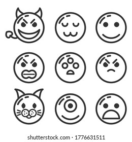 Set Of DIfferent Black Line Collection Smiles Vector Icon Emoticons Sign Doodle