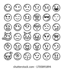 Set Of DIfferent Black Line Smile Vector Icon Emoticons Sign Doodle