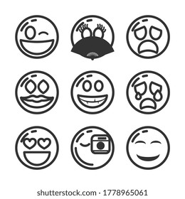 Set Of DIfferent Black Line Smile Vector Icon Emoticons Sign Doodle