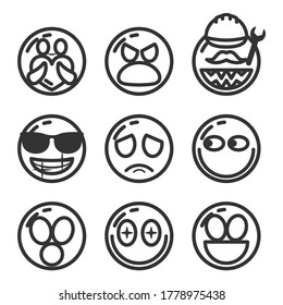 Set Of DIfferent Black Line Smile Vector Icon Emoticons Sign Doodle