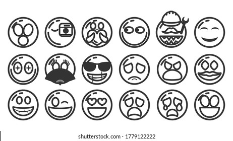 Set Of DIfferent Black Line Smile Vector Icon Emoticons Sign Doodle