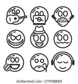 Conjunto de diferentes diseños de vectores de vectores de carátulas sonrientes de línea negra de colección de iconos.