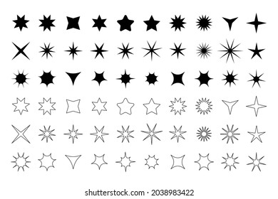 Set of different black and linear stars. Star shaped vector design elements