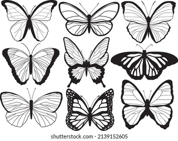 Set of different black lined butterflies. Simple and minimalistic arts.