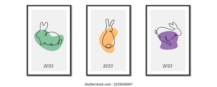 Set of different black rabbits silhouettes, isolated on a colorful background for design use. Silhouettes of New Years bunnies in simple one line style. 2023 year of the rabbit. Christmas vector 