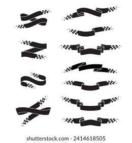 Set of different black ribbons with checkered sport race track flags